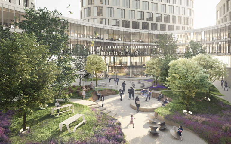 Architectural rendering of a public courtyard surrounded by office buildings, with landscaped gardens, trees, seating areas, and people interacting in a sunlit, urban green space