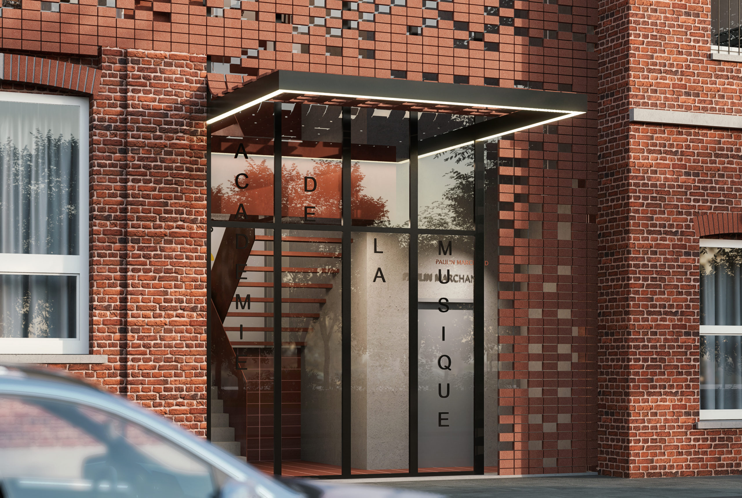 Detailed entrance of the Music academy of Montigny Le Tilleul Belgium