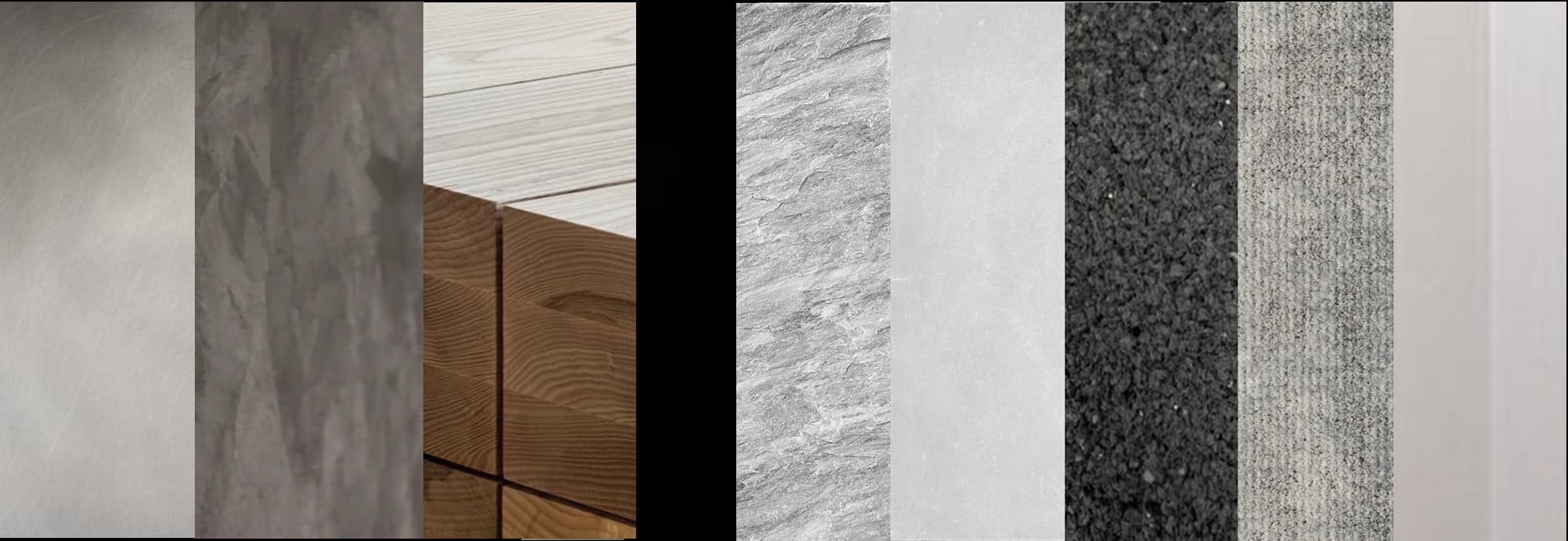 Close-up view of a materials palette featuring brushed metal, natural stone textures, light and dark wood finishes, and a variety of grey textiles and flooring samples for interior design.