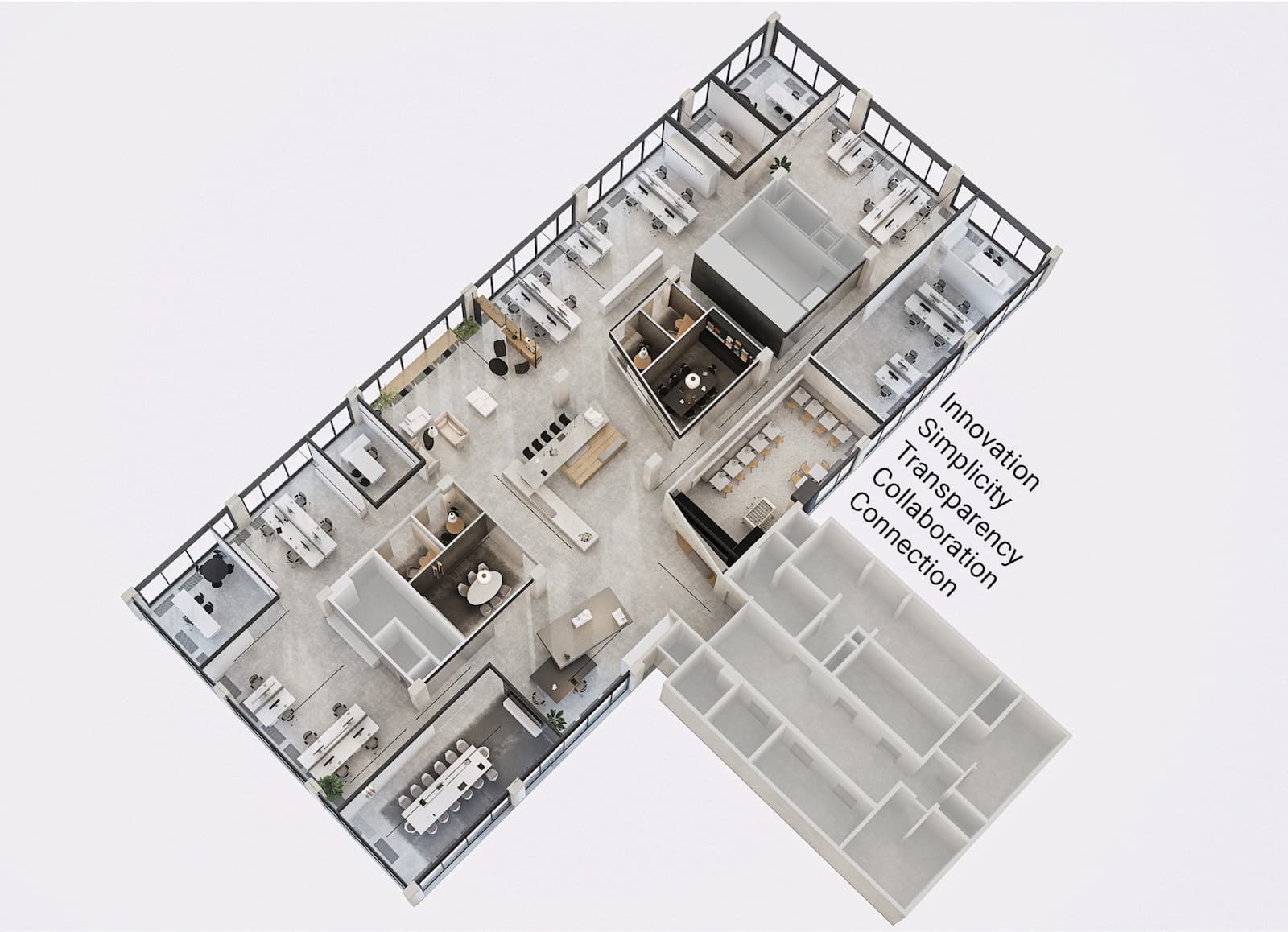 3D axonometric view of a contemporary office interior layout featuring open workstations, meeting rooms, lounges, and collaborative zones, accompanied by keywords such as Innovation, Simplicity, Transparency, Collaboration, and Connection.