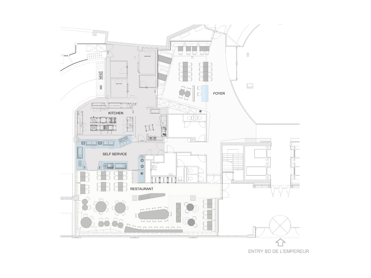 Architectural floor plan of the Elia Empereur 20 project showing the layout of the kitchen, self-service area, restaurant, and foyer with labeled zones and furnishings, including an entry point from Boulevard de l’Empereur.