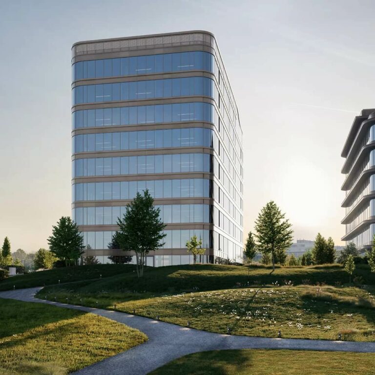 Modern office building exterior surrounded by landscaped gardens, part of the Xenon Building project designed by ncbham