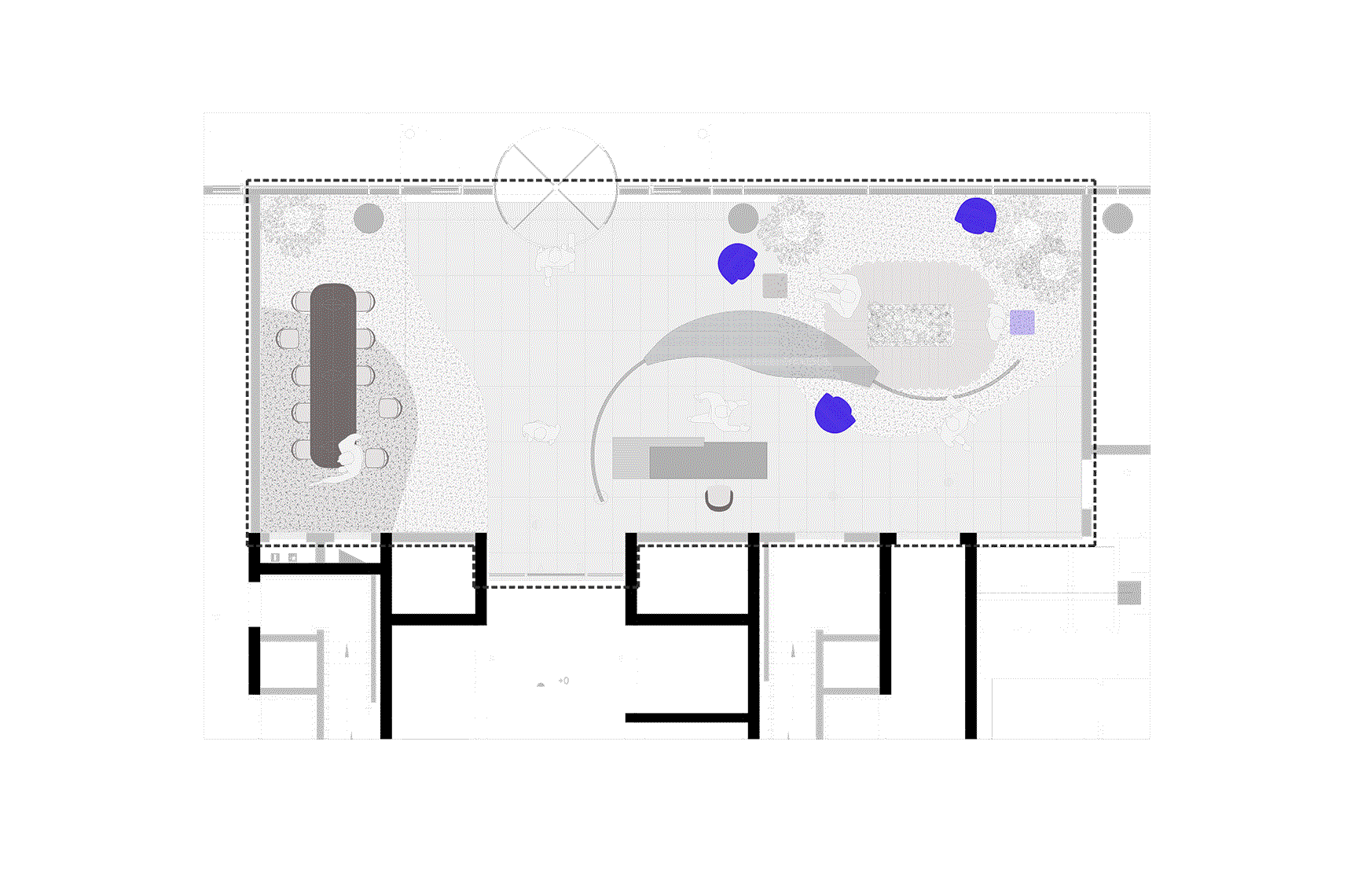 Architectural floor plan of Xenon building’s lobby layout, highlighting spatial zones, furniture placement, and curved circulation paths