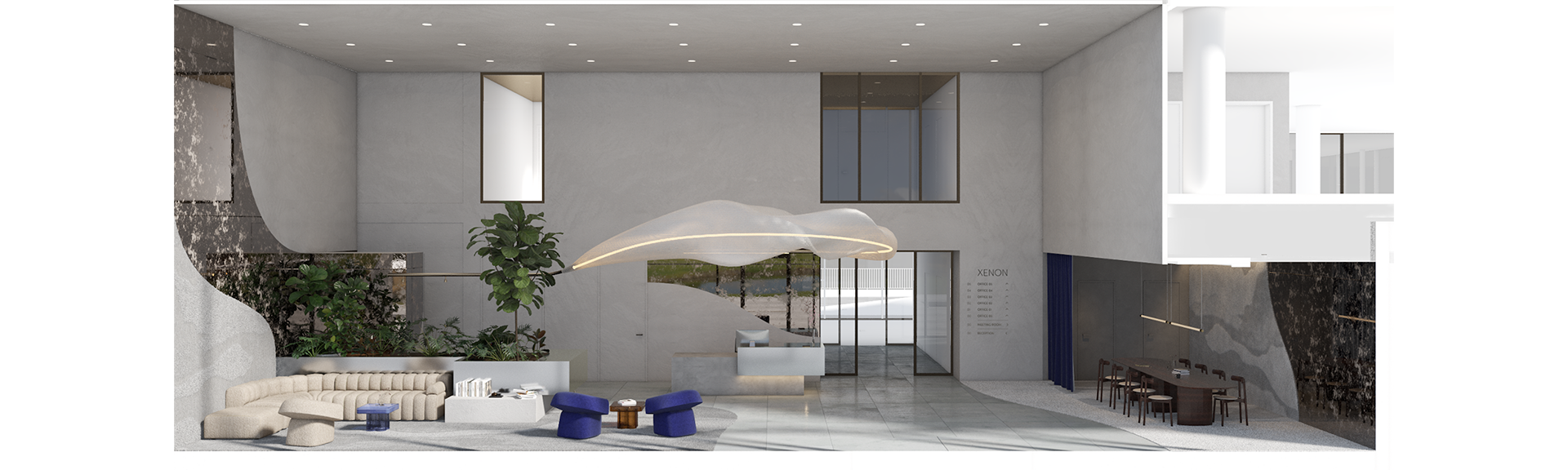 3D interior rendering of Xenon lobby showing organic lighting, sculptural ceiling, lounge seating, and integrated planting