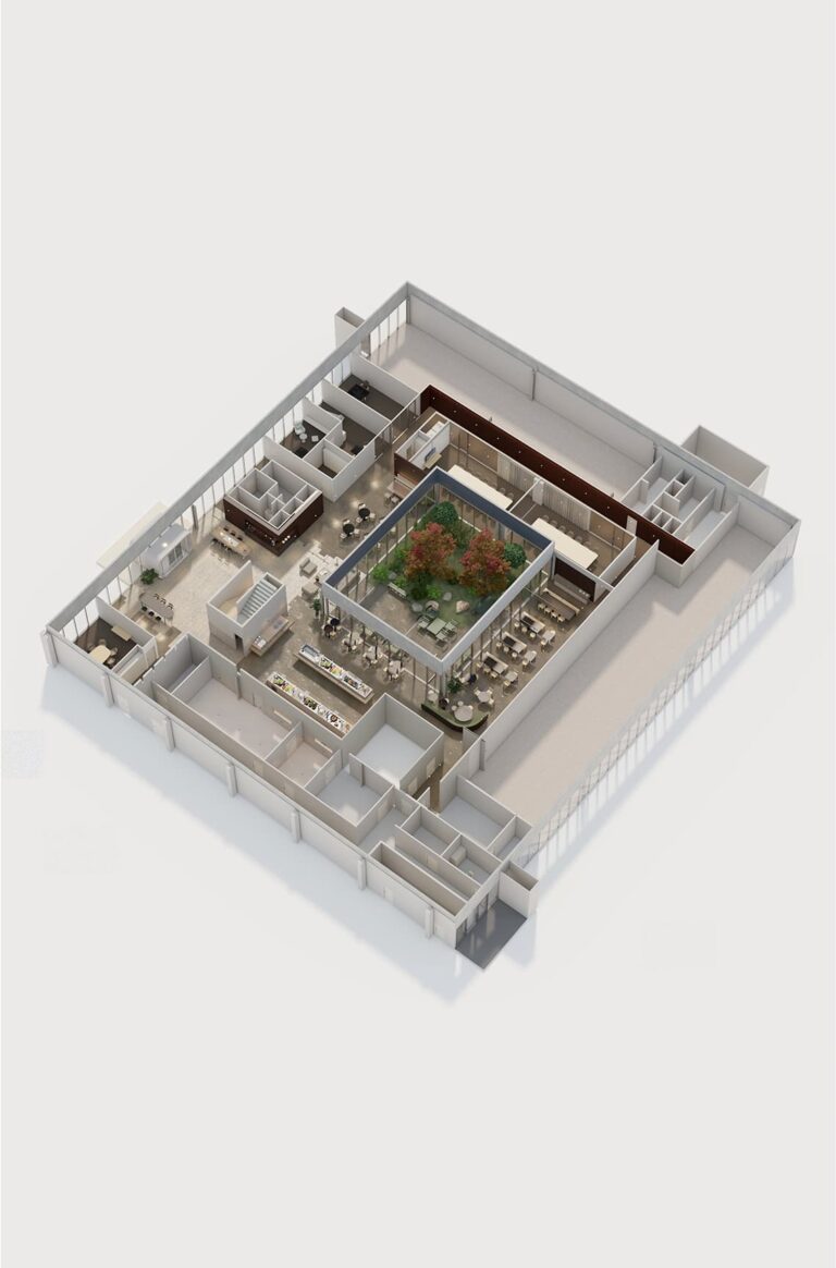 Axonometric 3D rendering of a building interior layout featuring a central open courtyard with trees, surrounded by various workspaces, meeting rooms, and dining areas