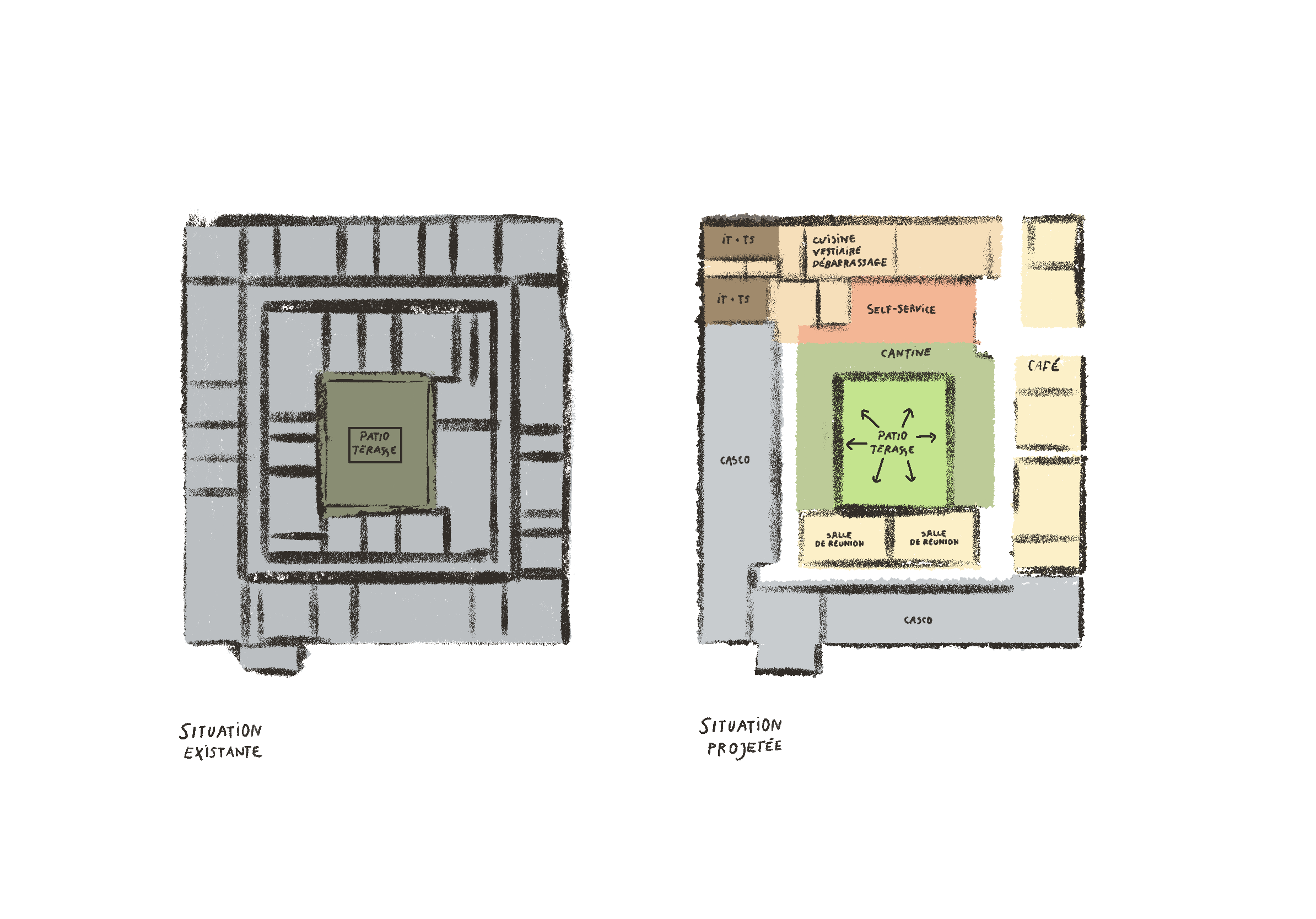 Hand-drawn diagram comparing existing and proposed floor plans, showing a transformation centered around an open patio terrace and reorganized functions like meeting rooms and a self-service area