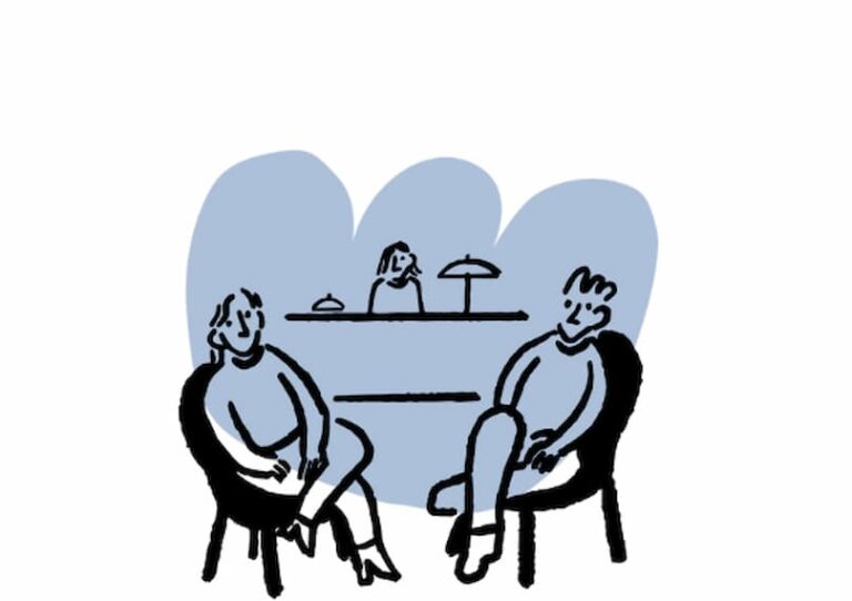 Illustration of two people seated in conversation with a café counter and staff in the background, evoking a warm and social interior atmosphere.