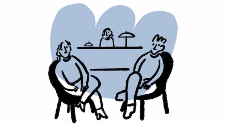 Illustration of two people seated in conversation with a café counter and staff in the background, evoking a warm and social interior atmosphere.