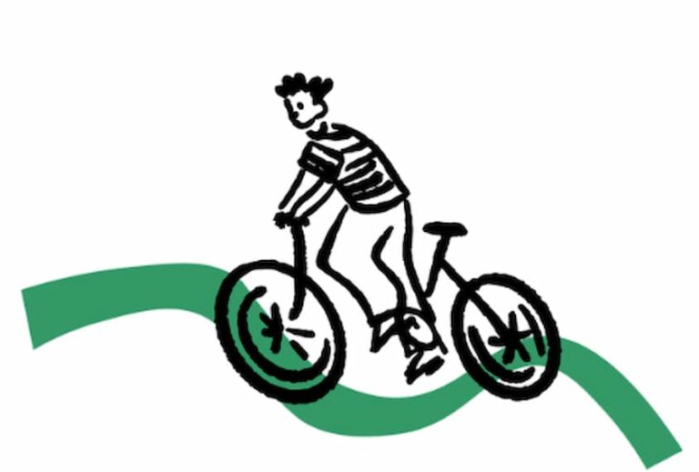 Playful line drawing of a person riding a bicycle over a green curved path, symbolizing mobility and sustainability in the Luxia project.