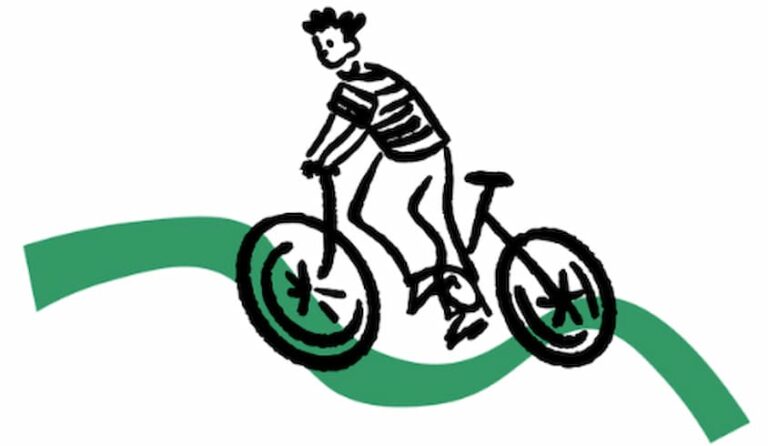 Playful line drawing of a person riding a bicycle over a green curved path, symbolizing mobility and sustainability in the Luxia project.