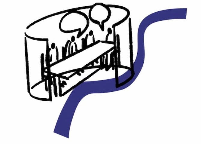 Hand-drawn sketch of a circular meeting room with people around a long table and speech bubbles overhead, suggesting active group discussion.