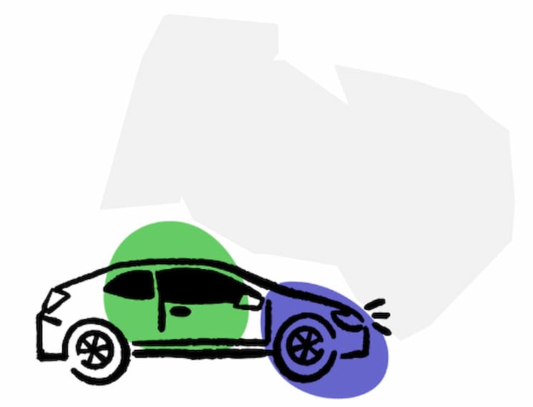 Hand-drawn illustration of a black car with green and purple accent shapes, shown with motion lines at the front suggesting movement or arrival.