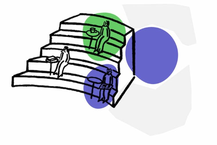 Sketch of staggered seating platforms with figures using laptops and having coffee, highlighted by green and blue circular overlays.