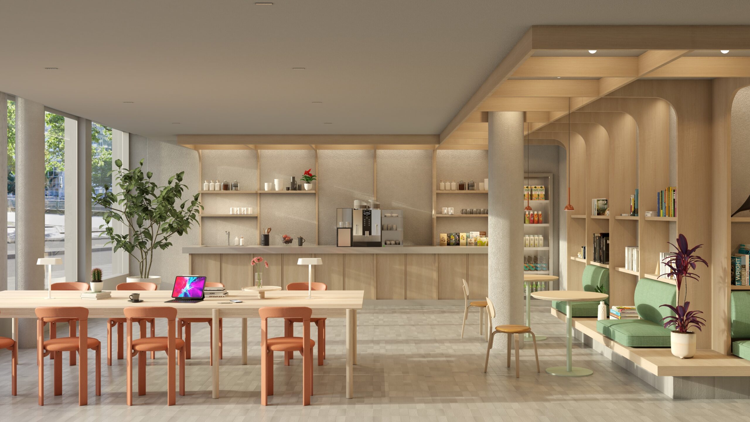 Open coffee and coworking area at Luxia with wooden bookshelves, built-in green seating, and natural daylight enhancing the warm palette.