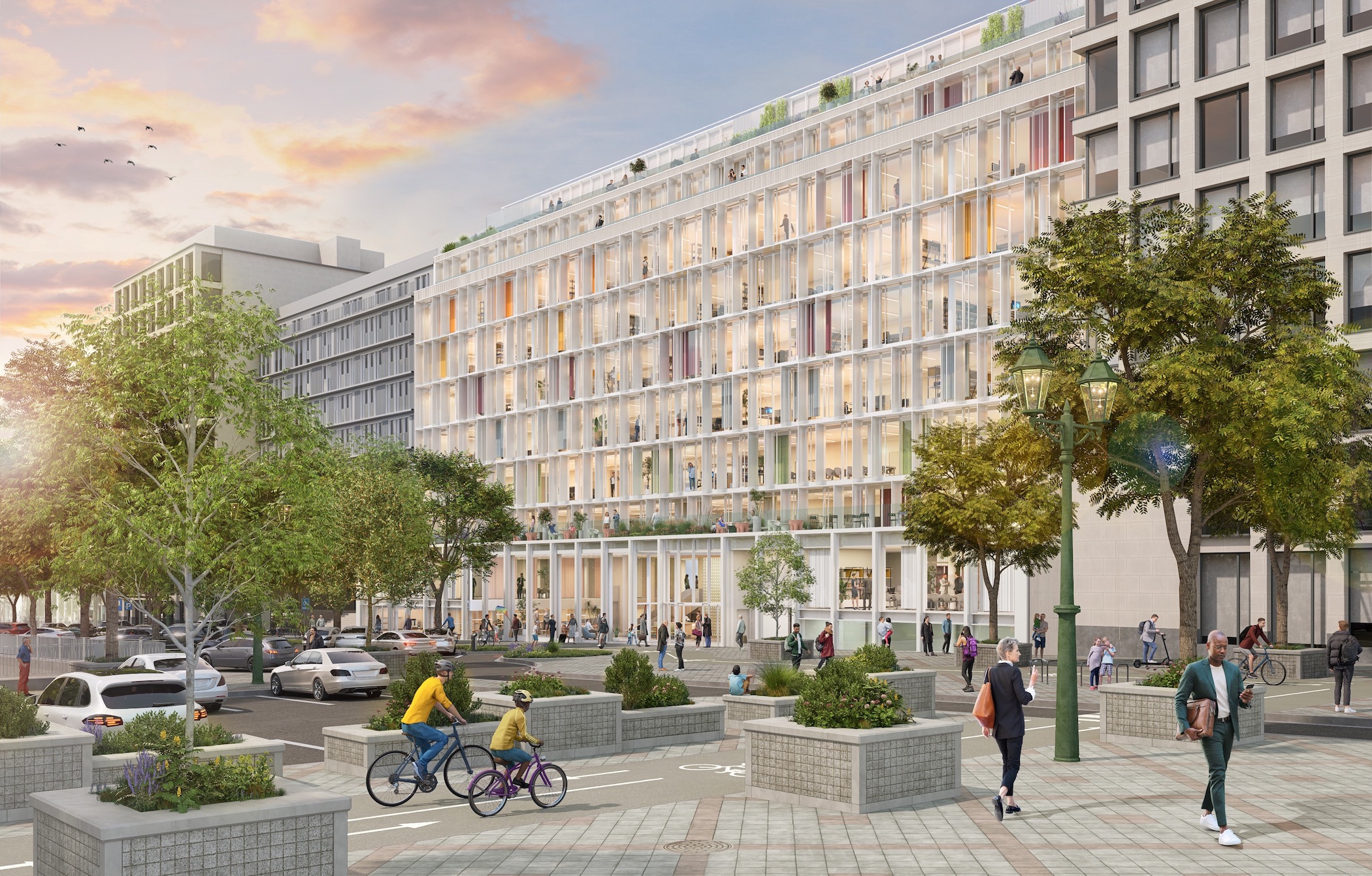 Rendering of a modern glass façade building surrounded by trees, people walking and cycling, and urban landscaping elements on Boulevard de Waterloo, Brussels.