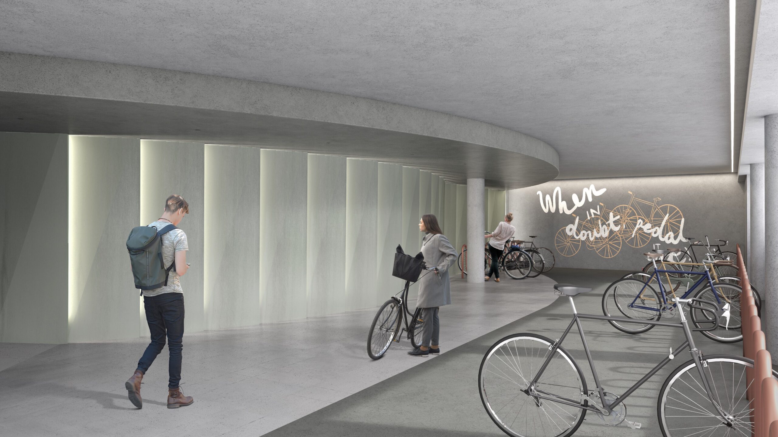 Render of a bicycle parking area with people arriving and storing their bikes, featuring curved architectural walls and a mural that reads “When in doubt, pedal it out."