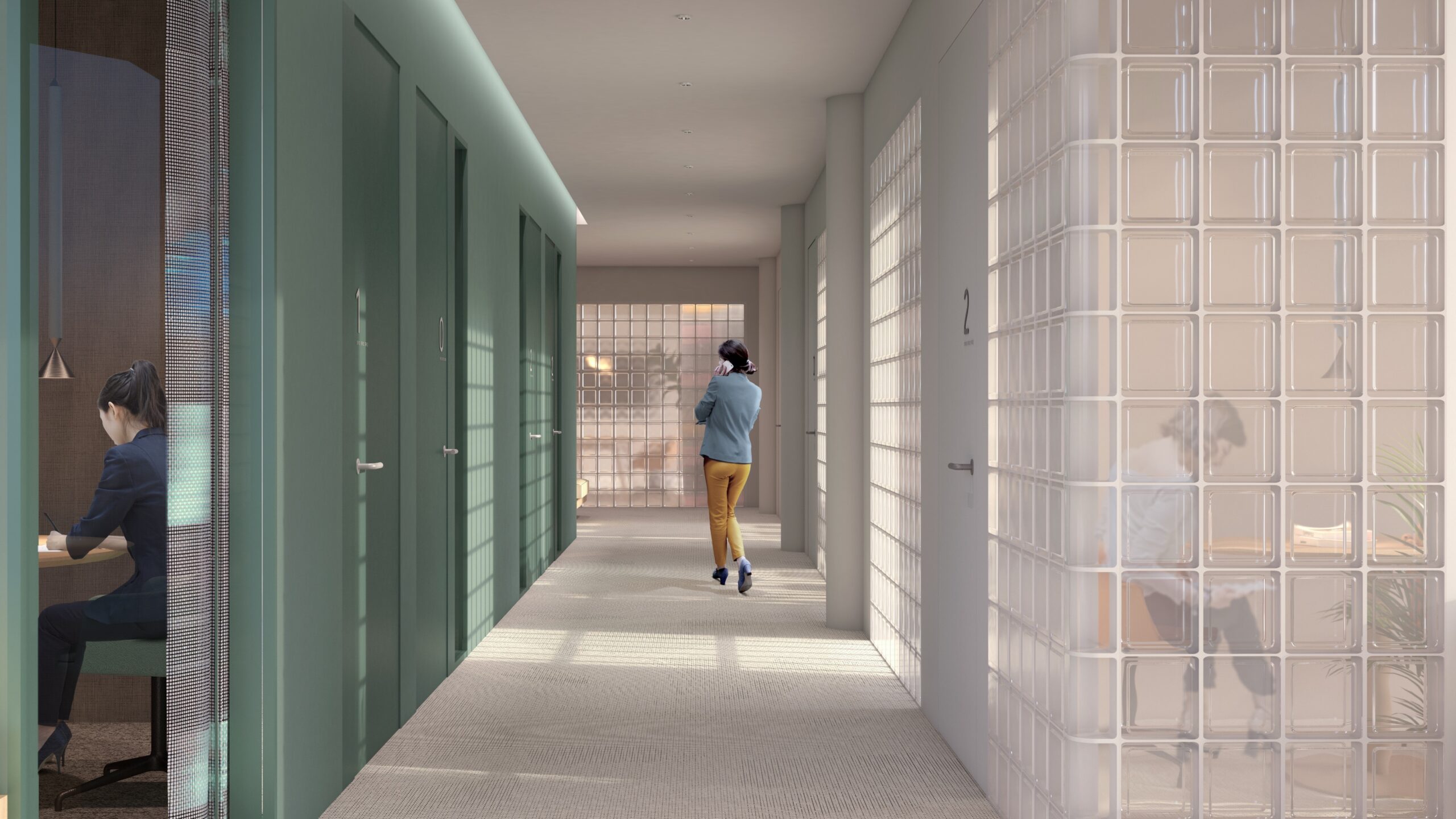 Corridor view in Luxia with translucent glass blocks and green-toned private booths, illustrating acoustic comfort and soft daylight filtering through the hallway.
