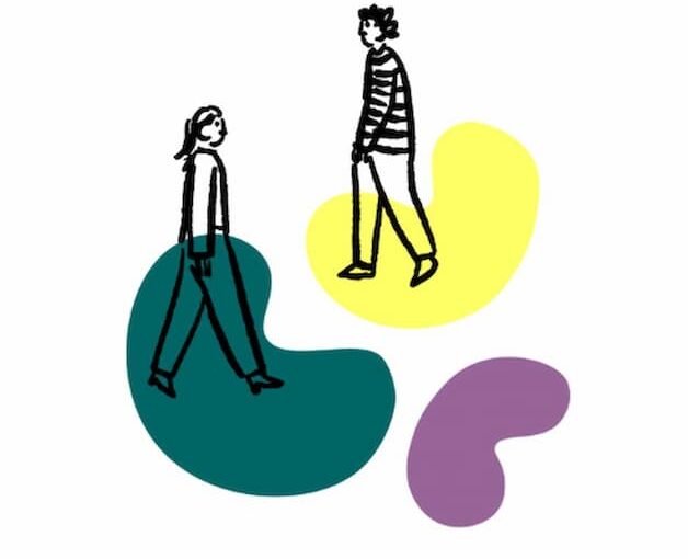 Playful illustration of two people walking on abstract, colorful organic shapes representing movement and interaction.