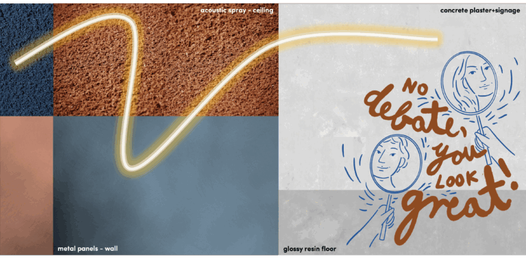 Visual composition of Luxia’s material palette, including metal wall panels, acoustic ceiling spray, concrete plaster, glossy resin floor, and a playful illustration with the phrase "No debate, you look great!"